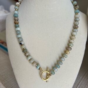 Quartz Blue and Cream Beaded Necklace with Gold Clasp, NWT